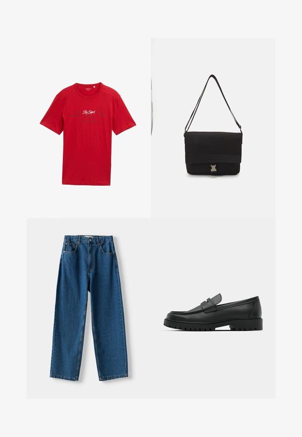 Tricou din bumbac roșu cu mâneci scurte, decolteu rotund, având text imprimat alb și albastru închis pe față, fără embellishments vizibile.; Blugi din denim albastru cu talie înaltă, cu croială dreaptă, având închidere cu nasture și fermoar, cinci buzunare și cusături contrastante.; Mocasini din piele neagră cu vârful rotunjit, având un design cusut, talpă joasă și o talpă din cauciuc texturat, cu crampoane.; Geantă de messenger neagră, realizată din material neted, cu un capac pliat, hardware din metal argintiu și o curea pentru umăr ajustabilă.