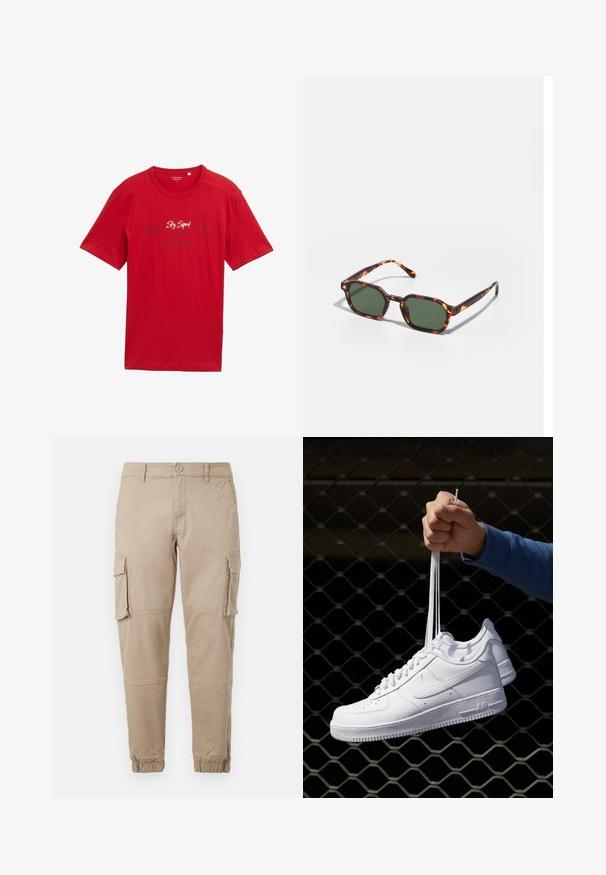 Sarkans kokvilnas T-krekls ar īsām piedurknēm, apaļu dekoltē, ar baltiem un tumši ziliem drukātiem uzrakstiem priekšpusē, bez redzamām rotājumiem.; Bežīgas cargo bikses izgatavotas no viegla kokvilnas materiāla. Tām ir elastīgas aproces, vairākas sānu kabatas un pogu aizdare.; Baltas ādas sporta apavi ar perforācijām, apaļu purngali, plakanu zoli un biezām šņorēm, ar redzamu swoosh logo un vārdu "AIR" uz papēža.; Tortoiseshell saulesbrilles ar zaļu stiklu, ar astoņstūru formu un plānām, izliekamām kājām. Materiāls ar spīdīgu apdari.