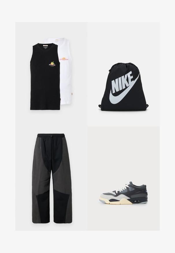 To ullermar løse bomull tank topper: en svart med "ANTIBES" logo, den andre hvit med "CÔTE D'AZUR" logo. Glatt tekstur, hjemmestil.; Svarte bukser med fleece-detaljer i en avslappet passform, med kontrasterende mørkegrå stoffpaneler og justerbar snor i midjen.; Sneakers med en overdel av blandede materialer i grått og marineblått, polstret såle, hvite snøringer og en blå aksentlogo på hælen.; Svart snorlomme med en stor hvit Nike-logo. Laget av lettvektsstoff med en glatt tekstur og avrundet form.