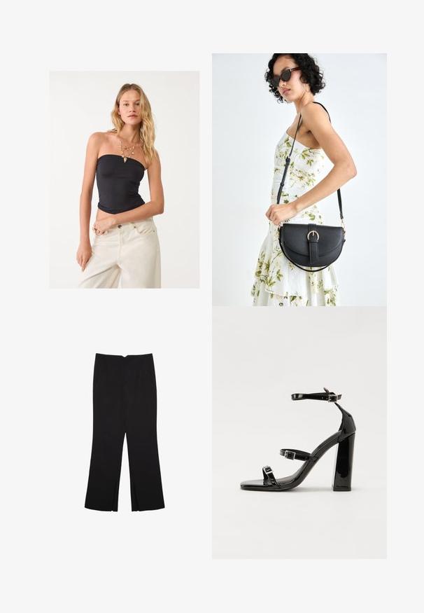 Schwarzes, trägerloses Oberteil aus Stretchmaterial, enganliegendes Design, glatte Textur. Kombiniert mit cremefarbenen, weit geschnittenen Jeans und einer gestuften Halskette.; Schwarze Hose mit geradem Schnitt, ausgestattet mit Fronttaschen und Seitenschlitzen am Saum. Hergestellt aus weichem, glattem Stoff. Geeignet für verschiedene Anlässe.; Schwarze patentierte Sandalen mit Absatz, quadratischer Spitze, Knöchelriemen und silbernen Schnallen. Mit einem stabilen Blockabsatz für mehr Stabilität.; Schwarze Lederhandtasche mit geschwungener Form, abnehmbarem Tragegurt und goldenen Beschlägen. Die Tasche verfügt über einen Deckel mit einer Schnallen-Details.