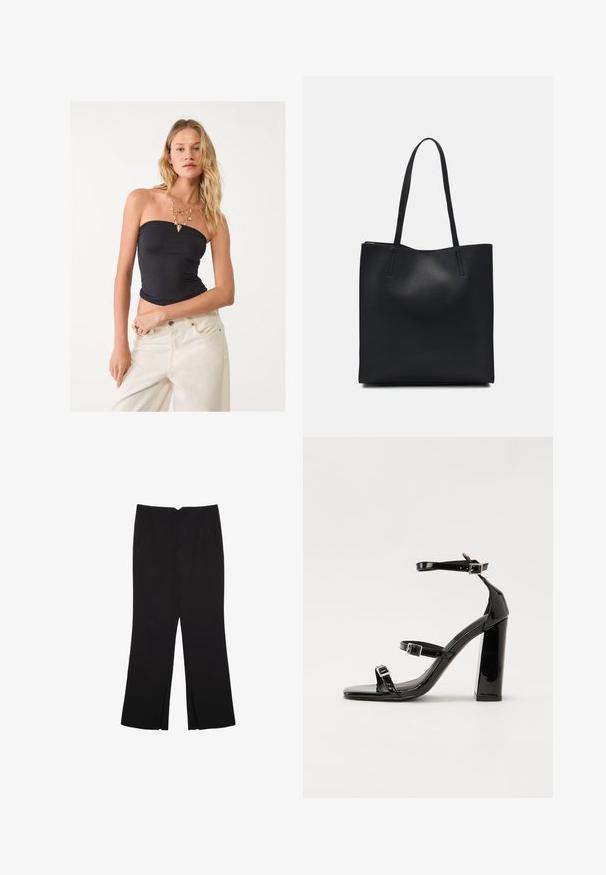 Top nero senza spalline realizzato in tessuto elasticizzato, design aderente, texture liscia. Abbinato a jeans a gamba larga color crema e collana a più strati.; Pantaloni neri a gamba dritta, con tasche frontali e spacchi laterali all'orlo. Realizzati in tessuto morbido e liscio. Adatti a diverse occasioni.; Sandali con tacco in vernice nera, con punta squadrata, cinturini alla caviglia e fibbie in argento. Presentano un tacco a blocco spesso per maggiore stabilità.; Borsa tote in pelle nera con texture liscia, forma rettangolare e due manici lunghi. Nessun hardware o decorazione visibile.