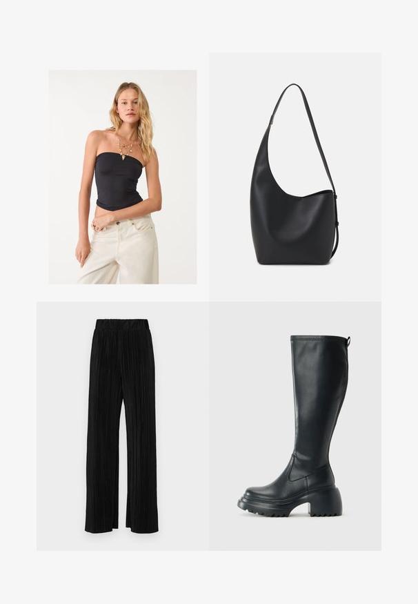 Svart strapless topp i stretchigt material, åtsittande design, slät textur. Kallad med krämfärgade vida jeans och lager på lager-halsband.; Svarta plisserade byxor med resårmidja. Har vida ben och ett mjukt, texturerat material med vertikala ränder.; Höga svarta läderstövlar med kraftig plattformssula och blockklack, med dragflik och strukturerat mönster på yttersulan.; Svart läder hobo-väska med en slät textur, kurvig form och en justerbar axelrem; har en bred öppning upptill.