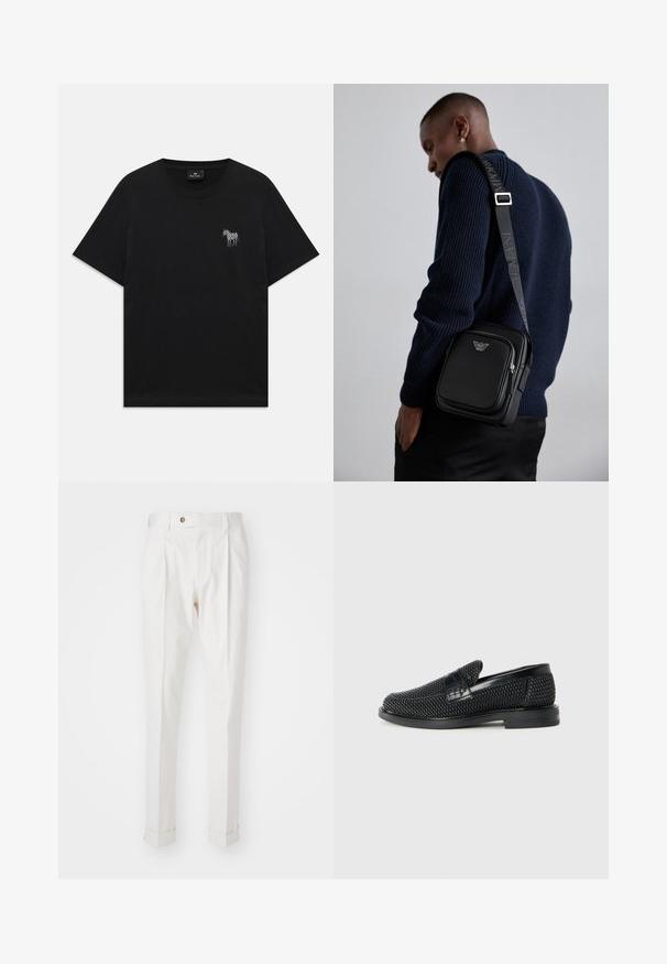 Juodas trumpa rankovėmis T-shirt su maža balta siuvinėta zebra kairėje krūtinės pusėje ir apvaliu iškirpimu.; Baltos, pritaikytos kelnės su lygiu priekiu, dviem raukšlėmis ir prisuktomis rankovėmis. Pagamintos iš lygios medžiagos, su mygtuku juosmenyje.; Juodas pintas slip-on tipo batelis su lygiu odiniu akcentu viršuje, apvalios nosies dizainas ir žemas guminis padas.; Juodas odinis kryžiumi nešiojamas krepšys su užtraukiamu skyriumi, logotipo detale ir prekinio ženklo reguliuojama juosta. Dėvimas ant tekstūrinio tamsiai mėlyno megztinio.