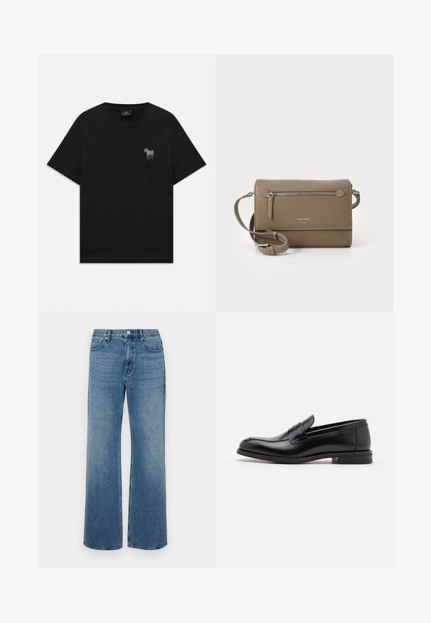 Black short-sleeve T-shirt with a small embroidered white zebra on the left chest and a round neckline.; Wide-leg blue jeans made of denim with a faded finish. Features five pockets, a front button closure, and a straight cut.; Black leather loafers with a smooth texture, rounded toe, and a decorative strap across the vamp. Low stacked heel, minimalist design.; Taupe leather crossbody bag with a zippered front pocket, adjustable strap, pebble texture, and embossed logo on the front.