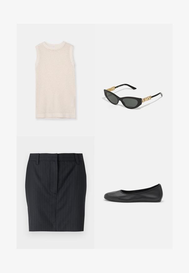 Mouwloze gebreide top in lichtcrème, met een gaaspatroon en een geribde halslijn en zoom. Zachte textuur verbetert de ademendheid en het comfort.; Zwarte pinstripe tailleursrok met riemlussen en een verborgen sluiting aan de voorkant, gepresenteerd tegen een witte achtergrond.; Zwarte leren ballerina met een ronde neus, gladde textuur, minimale stikdetails en een flexibele zoolontwerp.; Zwarte cat-eye zonnebril met donkere lenzen, voorzien van gouden geometrische accenten op de veren en een strakke matte afwerking.