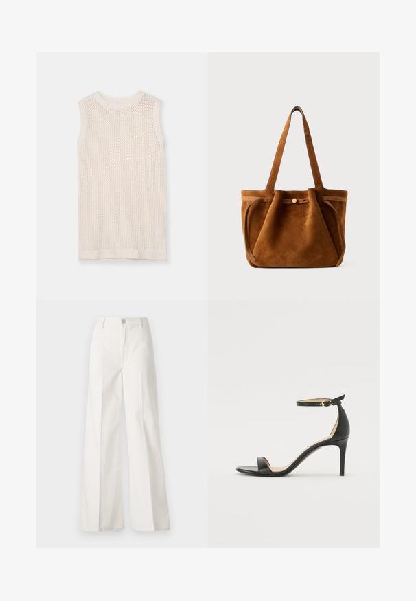 Bez piedurknēm adīta blūze gaiši krēmkrāsā ar acu rakstu un ribota apkakle un hemu. Mīksta tekstūra palielina elpojamību un komfortu.; Baltas platfita bikses, izgatavotas no kokvilnas ar gludu tekstūru. Aprīkotas ar priekšējo pogu, rāvējslēdzēju un četru kabatu dizainu.; Melnas ādas augstpapēžu sandales ar potītes siksniņu. Iezīmes gluda tekstūra, atvērta purngala un plāna papēža. Zelta krāsas sprādzes detaļa.; Brūns zamšs tote soma ar divām roktēm, pogu aizdari un brīvu, nedaudz izplūdušu formu.