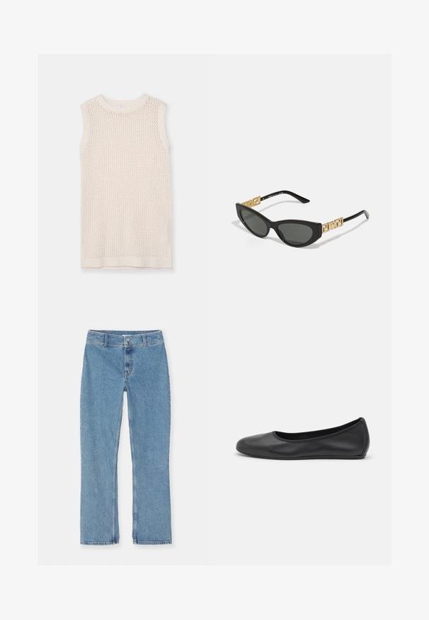 Hladký pletený top bez rukávov v svetlej krémovej farbe, s mriežkovaným vzorom a rebrovaným golierom a lemom. Mäkká textúra zvyšuje priedušnosť a pohodlie.; Svetlo modré džínsy s rovnými nohavicami, zapínanie na gombík a zips, pútka na opasok a klasické stehy na bielom pozadí.; Čierne kožené baleríny s okrúhlou špičkou, hladkým povrchom, minimálnym prešívaním a flexibilným dizajnom podrážky.; Čierne slnečné okuliare v štýle mačacích očí s tmavými šošovkami, ktoré majú zlaté geometrické akcenty na straniciach a elegantný matný povrch.