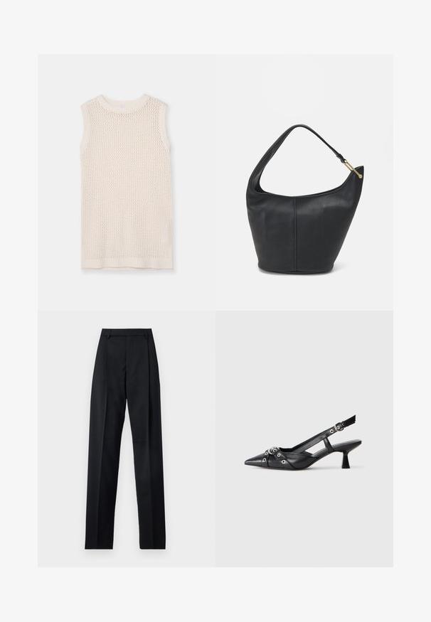 Ærmeløs striktrøje i lys creme, med et netmønster og ribbet halskant og kant. Den bløde tekstur forbedrer åndbarheden og komforten.; Sorte bukser lavet af glat stof, der har høj talje, brede ben, frontfolder og klassiske bælteløkker. Ingen synlige sidelommer.; Sort lædersandal med spids tå, dekorative stropper med metaløjer og en lav blokhæl. Struktureret overflade.; Sort læderhandtaske med en rund form, bred rem og textured finish. Har en subtil sømdetalje og en hardware i gyldent tone.