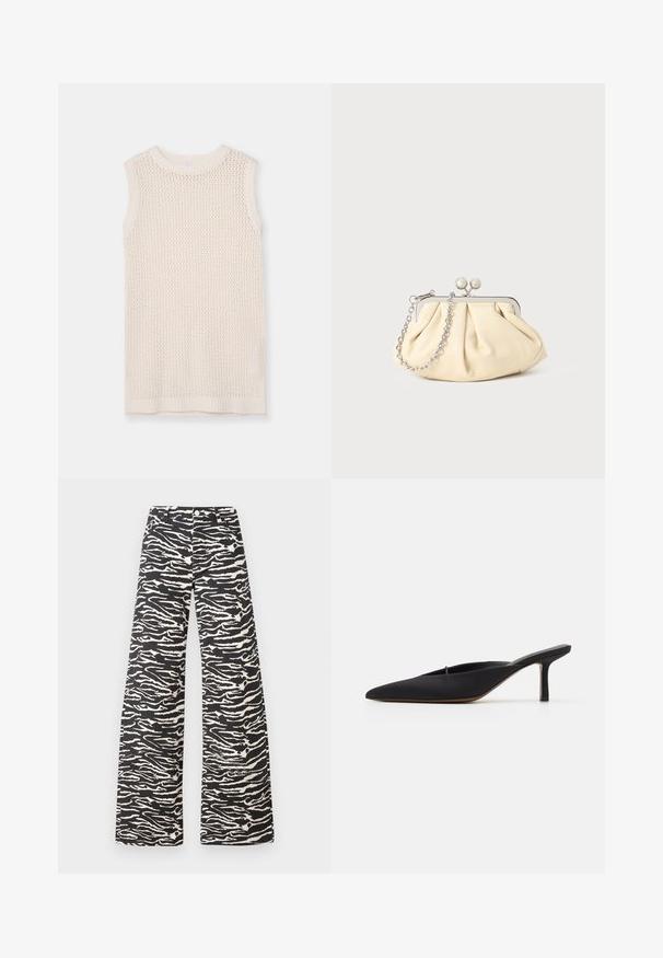 Sleeveless knit top in light cream, featuring a mesh pattern and ribbed neckline and hem. Soft texture enhances breathability and comfort.; Wide-leg pants in a black and cream zebra stripe pattern. Made from textured fabric with a classic waistband and front pockets.; Black pointed-toe mule with a sleek design, made of smooth fabric, featuring a slender heel and open back for easy wear.; Pleated beige leather clutch with a silver metal frame, featuring two round decorative clasps and a silver chain strap.