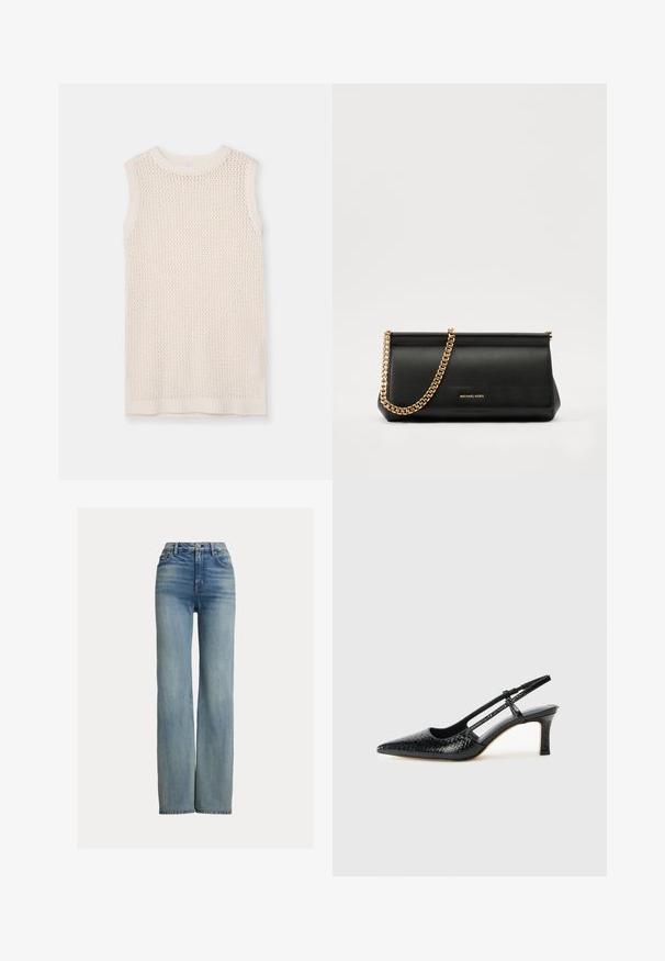 Sleeveless knit top in light cream, featuring a mesh pattern and ribbed neckline and hem. Soft texture enhances breathability and comfort.; High-waisted, straight-leg blue jeans with front pockets, belt loops, and button closure, featuring subtle faded detailing.; Black patent slingback heel with a pointed toe, featuring textured snake print, adjustable strap, and a short, textured block heel.; Black leather clutch bag with a gold chain strap, featuring a smooth texture, rectangular shape, and embossed branding on the front.