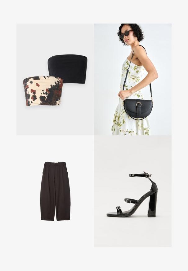 Dwa strapless topy bandeau: jeden w kolorze czarnym, drugi w kolorze kremowym z odważnym czarno-brązowym abstrakcyjnym wzorem. Elastyczny materiał bawełniany.; Czarne spodnie o szerokich nogawkach wykonane z gładkiego materiału, z wysokim stanem, plisami z przodu i bocznymi kieszeniami. Prosty fason bez zdobień.; Czarne lakierowane sandały na wysokim obcasie, z dwoma paskami zapinanymi na klamry, kwadratowy nosek i masywny obcas typu słupek, o gładkiej, błyszczącej fakturze.; Czarna skórzana torebka o zakrzywionym kształcie, z odpinanym paskiem i złotymi akcentami. Torebka posiada klapę z zapięciem w kształcie klamry.