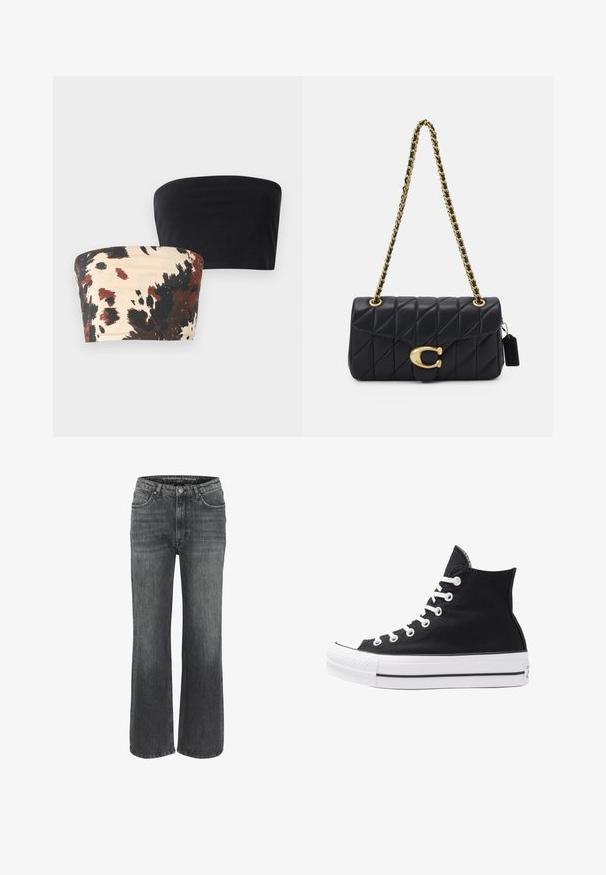 Két pánt nélküli bandeau felső: az egyik teljesen fekete, a másik krémszínű, merész fekete és vörösesbarna absztrakt mintával. Rugalmas pamut anyag.; Sötét szürke denim széles lábszárú farmernadrág, klasszikus öt zsebes dizájnnal, varrásos részletezéssel és gombos zárással a derékon.; Fekete vászon magas szárú sneaker, fehér fűzőkkel és gumitalppal. Texturált orr-rész és fekete-fehér csíkos kiegészítők jellemzik.; Fekete steppelt táska arany lánc pánttal, jellegzetes arany zár mellett és egy kis címkével, amely textúrált bőrfelületet mutat be.