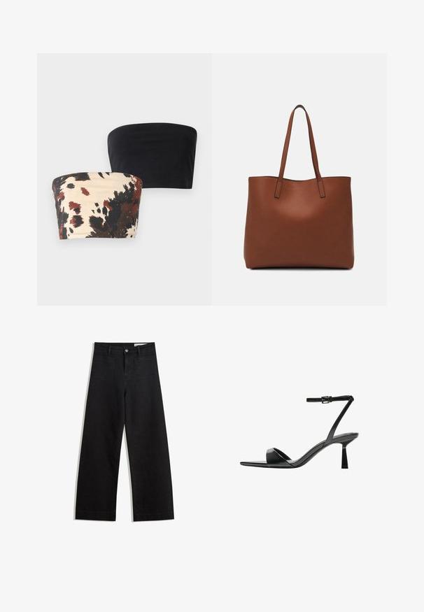 Two strapless bandeau tops: one solid black, the other cream with a bold black and reddish-brown abstract pattern. Stretchy cotton material.; Black wide-leg denim pants with a high waist, featuring front and back pockets, stitched seams, and a button closure. Smooth texture.; Bershka High heeled sandals - black; Brown leather tote bag with a smooth texture, open top design, and two shoulder straps. Features minimal stitching and no visible hardware.