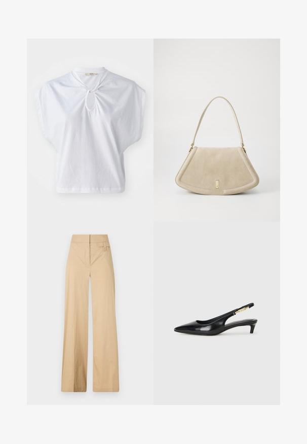 White short-sleeve top made of cotton, featuring a round neck with a keyhole detail and a relaxed, boxy fit. Smooth texture with a solid color.; Beige wide-leg pants made of cotton blend fabric. Features a smooth texture, elastic waistband, and a side button detail.; Black leather slingback heels with a pointed toe, featuring a slim heel and a gold-tone accent on the adjustable strap. Smooth texture.; Beige suede handbag with a rounded triangular shape, a single strap, and a gold-tone hardware accent on the front.