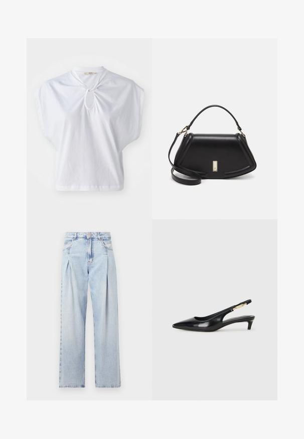 Witte korte mouwen top van katoen, met een ronde hals en een sleutelgatuig detail en een ontspannen, boxy pasvorm. Soepele textuur met een effen kleur.; Lichtblauwe denim jeans met een hoge taille, wijde pijpen, twee zijzakken en geplooid ontwerp. Zachte textuur met een vervaagd uiterlijk.; Zwarte leren slingback hakken met een spitse neus, voorzien van een slanke hak en een goudkleurige accent op de verstelbare band. Gladde textuur.; Zwarte leren handtas met een gestructureerd ontwerp, featuring een verkorte vorm, bovenhandvat en gouden hardwareaccent. Inclusief verstelbare schouderband.