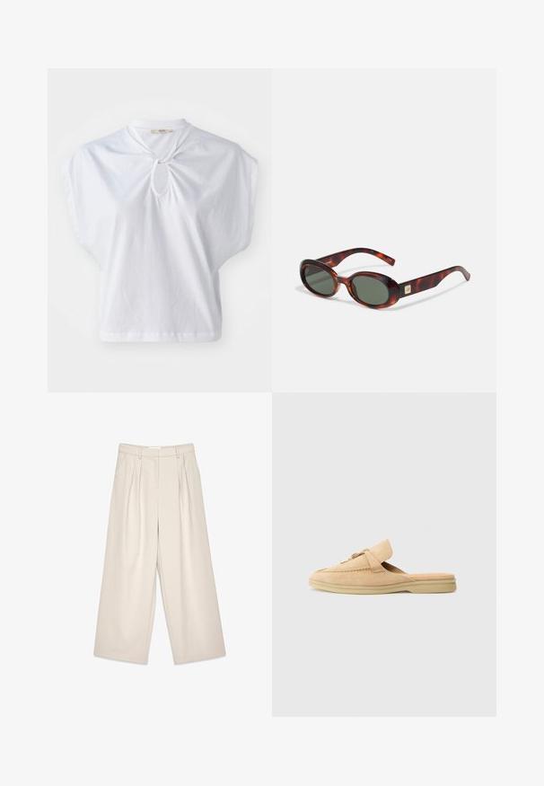 Top bianco a maniche corte in cotone, con scollo rotondo e dettaglio a occhiello, dal taglio rilassato e boxy. Venatura liscia con colore uniforme.; Pantaloni beige a gamba larga con pieghe, caratterizzati da una texture liscia e passanti per cintura. Taglio sartoriale, che offre una vestibilità ampia attorno alle gambe.; Scarpa slip-on in suede beige con punta arrotondata, cuciture decorative e un accento in hardware dorato. Suola piatta e rivestimento interno morbido.; Occhiali da sole a tartaruga con lenti scure, forma ovale e aste larghe. Presentano un piccolo accento dorato sul lato. Materiale in plastica liscia.