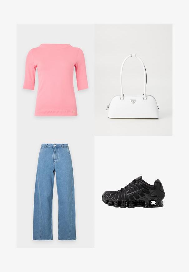 Ružový bavlnený top s lodičkovým výstrihom, rukávmi po lakte a zaobleným lemom. Obsahuje malé dekoratívne logo blízko lemu.; Svetlobléde široké džíny vyrobené z denimu, s vysokým pásom, rovný strih a kontrastným šitím pozdĺž švov.; Čierna športová obuv s vrchnou časťou z sieťoviny a lesklými detailmi. Obsahuje zakrivené odpruženie a textúrované línie po stranách. Viditeľné logo Nike.; Biely kožený kabelka s oblým tvarom, so strieborným trojuholníkovým logom a zipsovým uzáverom. Hladký povrch a dvojité uši.