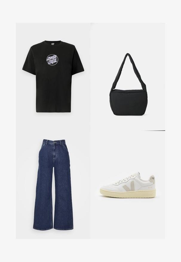 Černé bavlněné tričko s krátkými rukávy, na hrudi s kulatou fialovou vyšitou nášivkou "Santa Cruz". Jednoduchý kulatý výstřih.; Široké denimové džíny v tmavě modré barvě, s vysokým pasem, předními kapsami a zipem s kovovým knoflíkem. Hladká textura a klasický design.; Bílé kožené tenisky s béžovými semišovými akcenty, perforovanou špičkou, plochými tkaničkami a strukturovanou krémovou podešví. Obsahují jemné logo na patě.; Černá ramenní taška s polstrovanou texturou, zaobleným tvarem a širokým popruhem, na jejíž přední straně je vyražené logo.