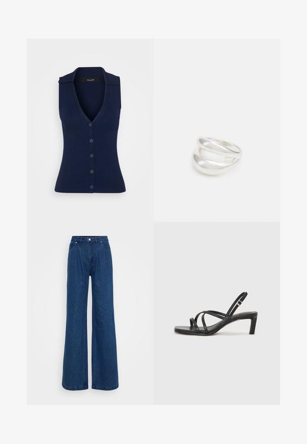 Granatowy bezrękawnik dzianinowy o prążkowanej fakturze, z dekoltem w kształcie litery V i sześcioma dopasowanymi guzikami z przodu; posiada punktowy kołnierzyk.; Niebieskie dżinsy o szerokich nogawkach z wysokim stanem, z przodu na guzik i zamek błyskawiczny, oraz kieszeniami z przodu i z tyłu na jednolitym tle.; Czarne sandały na obcasie z prostokątnym noskiem i niskim słupkowym obcasem. Posiadają wiele cienkich pasków i regulowany pasek na kostkę. Wykonane z gładkiej skóry.; Srebrna obrączka podwójna z gładką, polerowaną powierzchnią. Posiada płynny, zakrzywiony kształt z nakładającymi się sekcjami, co nadaje nowoczesny wygląd.