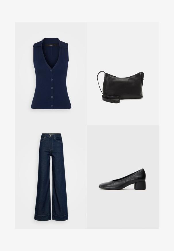 Tumes sinine ilma varrukateta kudum, rööptekstuuriga, V-kaelusega ja kuue sobiva nööbiga ees; sellel on terav krae.; Tumedatest sinisest kõrge vöökoht ja laiad puusasid ulatuvad teksad, millel on ees taskud, vööloopide, nööbi kinni keeramine ja nähtav õmblus valgel taustal.; Must musta kingadega, ümarate varvaste ja keskmise plokknõrga. Sile tekstuur, minimaalse kaunistusega, kergelt elastse avaga.; Mustmust nahk õlakotil on sile tekstuur, kumer kuju, reguleeritav rihm ja lukuga sulgemine. Minimalistlik disain ilma kaunistusteta.