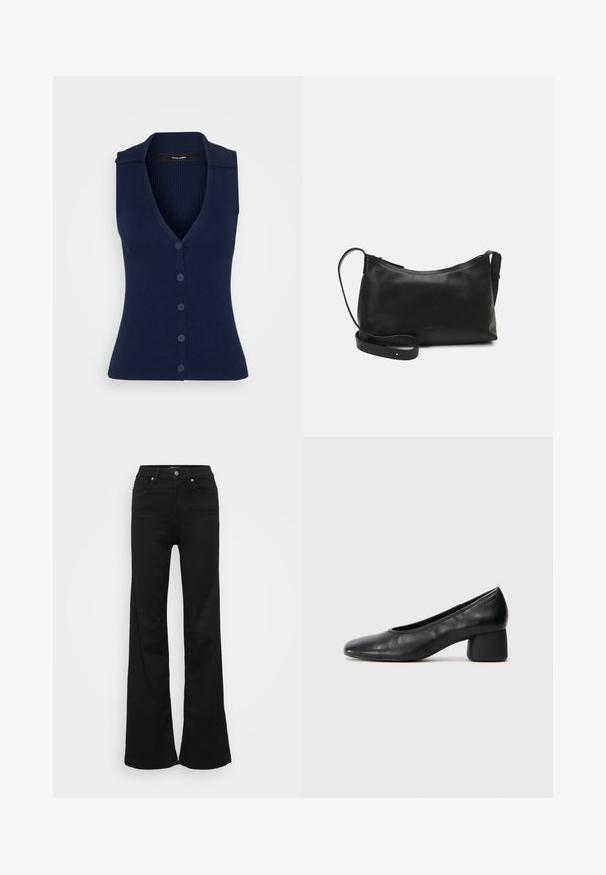 Tumes sinine ilma varrukateta kudum, rööptekstuuriga, V-kaelusega ja kuue sobiva nööbiga ees; sellel on terav krae.; Mustad laiad teksapüksid, valmistatud denimist, kõrge vöökoht, viis taskut ja metallist nööpkinnitus. Sujuv tekstuur väheste detailidega.; Must musta kingadega, ümarate varvaste ja keskmise plokknõrga. Sile tekstuur, minimaalse kaunistusega, kergelt elastse avaga.; Mustmust nahk õlakotil on sile tekstuur, kumer kuju, reguleeritav rihm ja lukuga sulgemine. Minimalistlik disain ilma kaunistusteta.