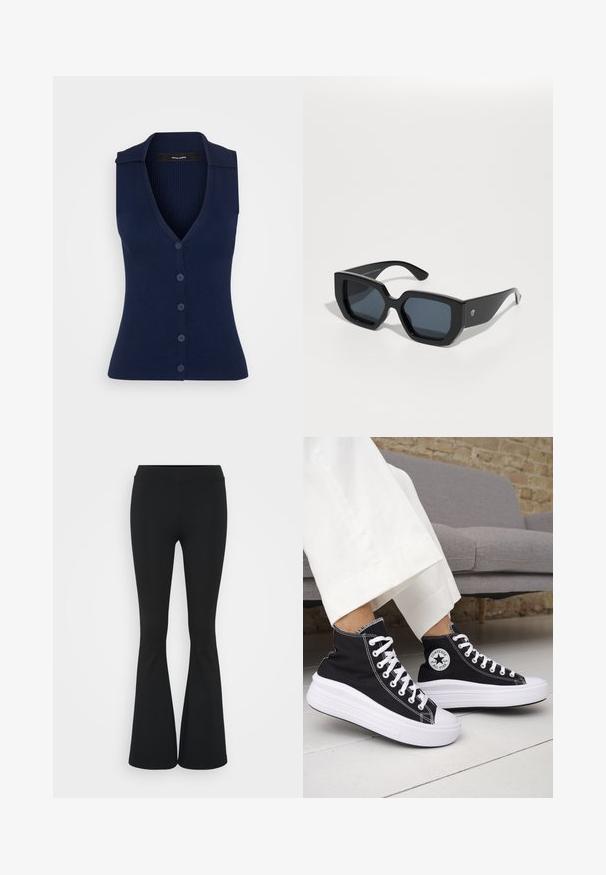 Top tricot fără mâneci de culoare bleumarin, cu textură în dungi, decolteu în formă de V și șase nasturi asortați pe față; prezintă un guler ascuțit.; Pantaloni negrii evazați dintr-un material elastic, având un talie înaltă și o textură netedă. Pantalonii se lărgesc de la genunchi.; Adidași negri înalți cu tălpi și șireturi albe din cauciuc. Prezintă o pată logo rotundă și cusături albe contrastante. Material din pânză.; Ochelari de soare de mari dimensiuni, negri, cu un design geometric, lentile rectangulare și finisaj lucios. Fără branding vizibil pe față.