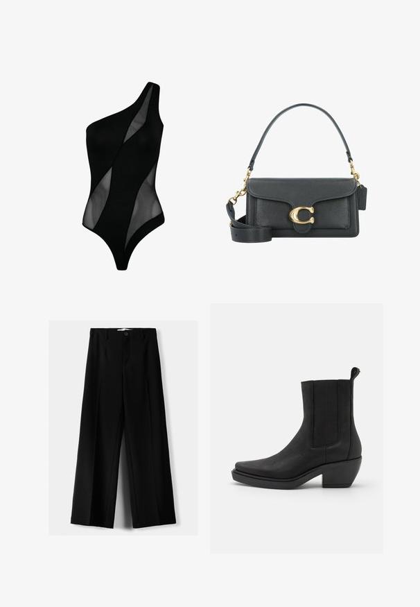 Schwarzer Ein-Schulter-Badeanzug mit einer Kombination aus festen und transparenten Einsätzen, glatter Textur und figurbetontem Design.; Schwarze weite Hosen aus leichtem Stoff, mit einem Knopfverschluss vorne und flachem Bund, mit sorgfältig genähten Säumen.; Schwarze Lederknöchelstiefel mit elastischen Seitenteilen, spitz zulaufender Zehenform und klobigem Absatz. Strukturiert mit glatter Oberfläche.; Schwarze Lederhandtasche mit goldenen Hardware-Akzenten, ausgestattet mit einem charakteristischen Verschluss, einem abnehmbaren Schultergurt und einer strukturierten Oberfläche.