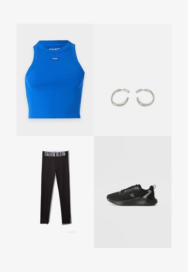 Kék bordázott ujjatlan crop top, magas nyakkal. Középen egy kis, ellentétes színű márkalogó található. Simább textúra, testhezálló dizájn.; Fekete leggings fehér "CALVIN KLEIN" logóval a derékrészen. Simára megmunkált anyag, testhezálló kialakítás, hálós betétekkel a bokáknál.; Fekete, alacsony szárú sportcipő, lélegző hálós anyagból, fűzős kivitel, texturált talppal és oldalon található "cK" logóval.; Ezüst gyűrű fülbevalók sima, lekerekített formával és fényes, polírozott felülettel. Minimalista alakjukkal és enyhe nyitással rendelkeznek.