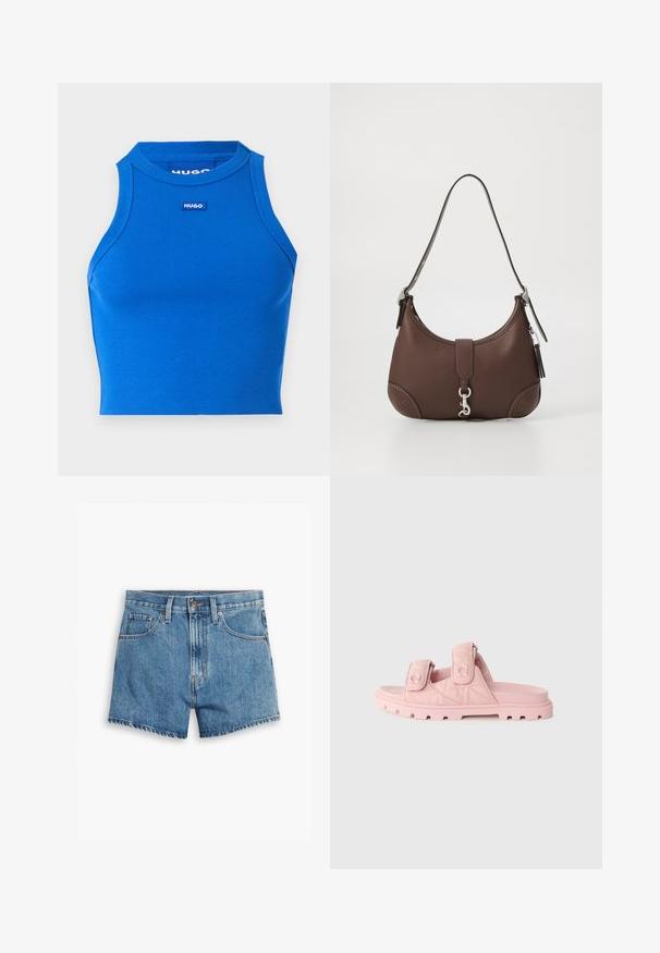 Blaues, geripptes, ärmelloses Crop-Top mit hohem Ausschnitt. Verfügt über ein kleines, kontrastierendes Markenlogo in der Mitte. Glatte Textur, taillierte Passform.; Hellblaue Denim-Shorts mit fünf Taschen, einem Reißverschluss und einem Knopfverschluss. Der Saum ist fransig und das Design bietet eine lässige Passform.; Rosa Rutschsandalen mit zwei verstellbaren Velcro-Riemen, oberer Teil aus strukturiertem Stoff und einer robusten, dicken Sohle mit tiefen Profilen.; Braune Lederhandtasche mit runder Form, silbernem Zubehör und dekorativer Naht. Verfügt über einen Schulterriemen und einen Verschluss mit Clip.