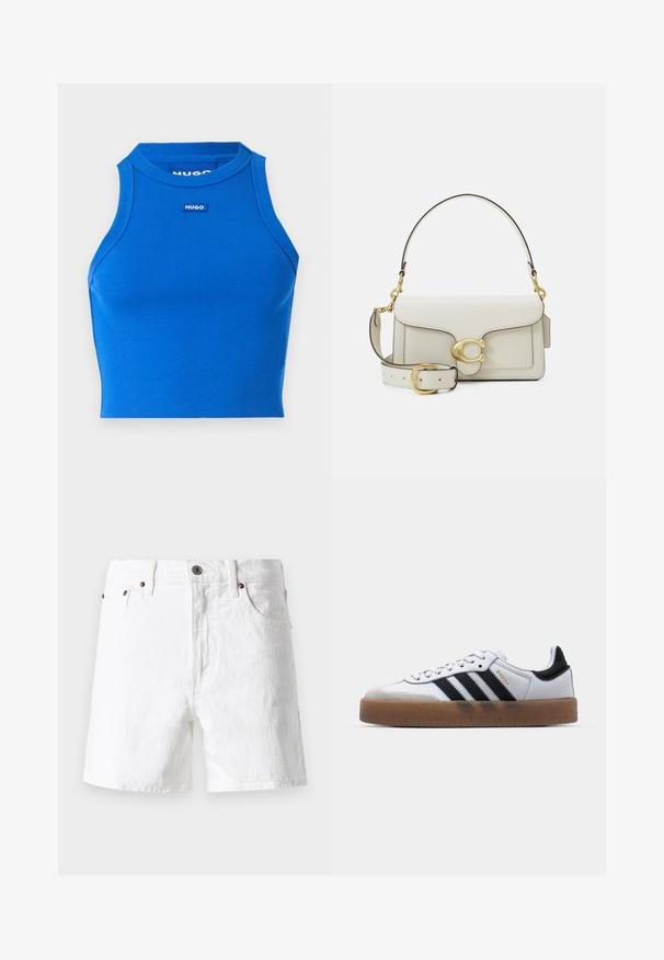 Zila ribota bezpiedurkņu augstās apkakles cropped tops. Iekšpusē atrodas neliela kontrastējoša zīmola logo. Gluda tekstūra, pieguļoša forma.; Baltas džinsi šorti ar klasisku dizainu, piecu kabatu stils, vara pogu akcenti un nedaudz teksturēta auduma apdare.; Baltas ādas kedas ar melnām svītrām, gumijas zole, apaļa purngala forma, auklu aizdare un maigs pelēks zamšs uz purngala.; Balta ādas roku soma ar zelta toņu sprādzi, melniem akcentiem, atvienojamu plecu siksnu un strukturētu dizainu ar atloku aizdari.