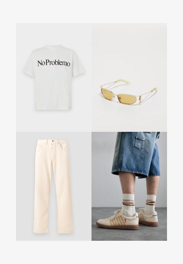 Weißes T-Shirt aus Baumwolle mit kurzen Ärmeln und Rundhalsausschnitt. Auf der Vorderseite befindet sich schwarzer Text in einer fetten, geschwungenen Schrift, der "No Problemo" lautet.; Helle beige Denim-Jeans mit geradem Bein, fünf Taschen und einer Knopfverschluss vorne. Nähte sichtbar entlang der Nähte.; Beige Retro-Sneaker mit braunem Gummisohle, mit gestreiften Akzenten und gestickten Logos. Getragen mit weißen Socken, gestreiftem braunen Detail.; Gelb getönte Sonnenbrille mit einem durchsichtigen goldenen Rahmen, schlanker rechteckiger Form und eckigen Bügeln mit hellgrünen Akzenten.
