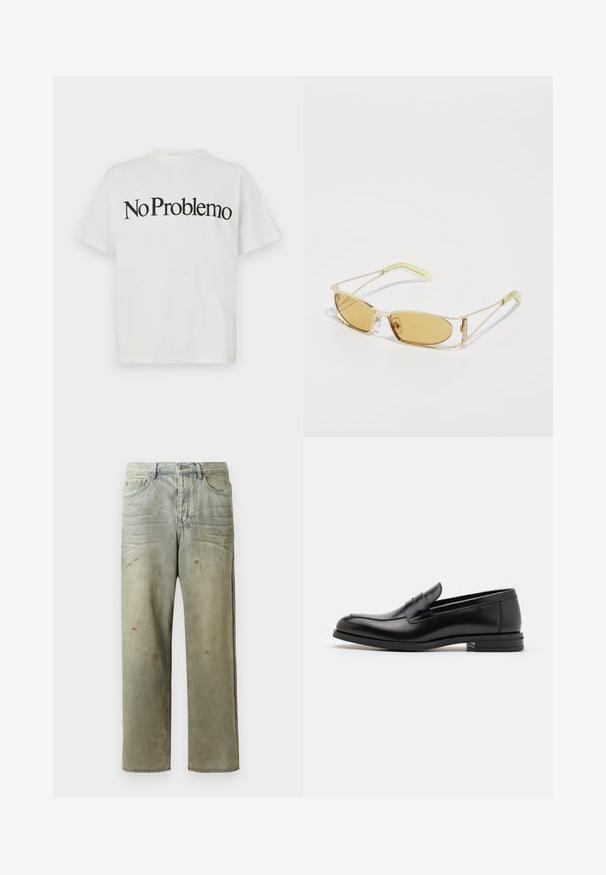 Valkoinen puuvillapaita, jossa on lyhyet hihat ja pyöreä kaula-aukko. Edessä on musta teksti, joka lukee "No Problemo" rohkealla, kaarevalla fontilla.; Vaaleanvihreät kulutetut farkut suoran lahkeen, viiden taskun muotoilun ja epätasaisen haalistumisen sekä maalikohoumiin kanssa.; Mustat nahkakengät, joissa on sileä pinta, pyöreä kärki ja koristeellinen nauha jalkapöydän yli. Matala pinoitu koroke, minimalistinen muotoilu.; Keltainen sävyisät aurinkolasit, joissa on läpinäkyvä kultakehys, kapea suorakulmainen muoto ja kulmikkaat varret, joissa on vaaleanvihreitä yksityiskohtia.