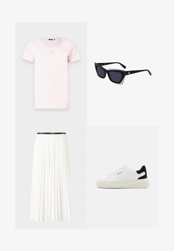 Lys rosa T-skjorte med korte ermer og rund hals. Har en liten "Joop!"-logo i en litt mørkere rosa. Mykt bomullsmateriale.; Plissert hvit skjørt med en svart elastisk midje som har "LACOSTE"-logoen. Midjelengde design med myk tekstur.; Hvite lær sneakers med tykk hvit såle, svart semsket hælforsterkning og preget logo på siden. Snøresystem med seks hull.; Store svarte solbriller i overdimensjonert størrelse med geometrisk form, med mørke linser og en kontrasterende grå detalj på rammen. Logo på armen.