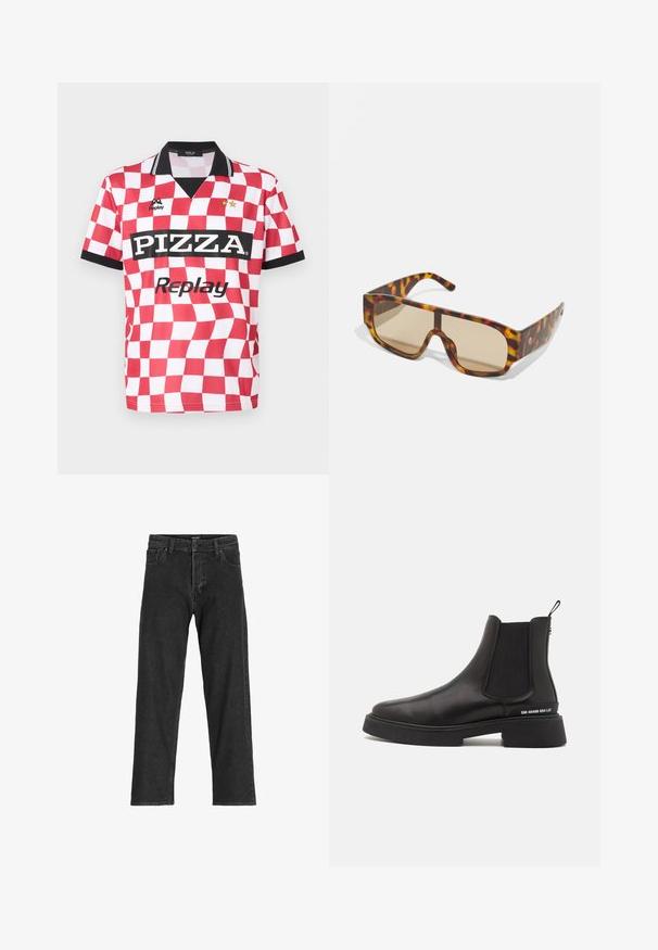 Rød og hvit rutete kortermet jersey med svart krage, "PIZZA"-logo og to stjerner over merkenavnet. Glatt stoffstruktur.; Sorte denimjeans med rett ben-design, som har glidelås, beltehemper og seks lommer, laget av et slitesterkt bomullsmateriale.; Steve Madden ZHANE - Støvletter - black; Solbriller med en kraftig innfatning i skilpaddemønster i nyanser av brunt og oransje, med store, bruntone linser og et stilrent design.