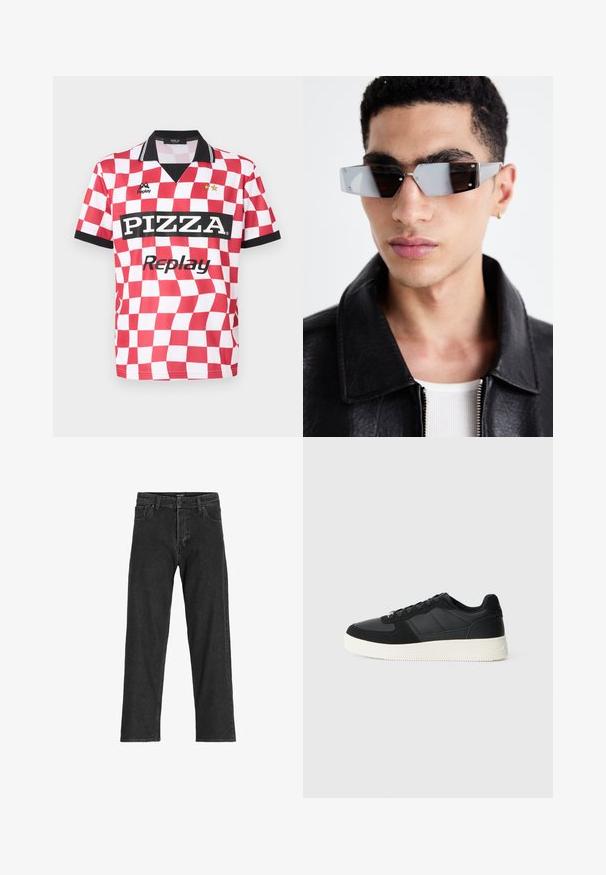 Rød og hvit rutete kortermet jersey med svart krage, "PIZZA"-logo og to stjerner over merkenavnet. Glatt stoffstruktur.; Sorte denimjeans med rett ben-design, som har glidelås, beltehemper og seks lommer, laget av et slitesterkt bomullsmateriale.; Svart lavtopp sneakers med teksturert lær og semskede paneler, hvit gummisåle og svarte snørebånd på en enkel lys bakgrunn.; Vinklet gråtonede solbriller med sølvhardware, satt mot en lys bakgrunn. Linsene har en unik geometrisk form.
