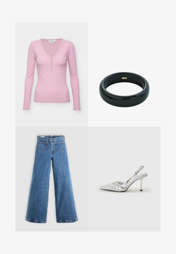 Ilgas rankoves rausvas megztinis su V formos iškirpte, turintis penkių mygtukų kišenę ir mažą siuvinėtą logotipą ant krūtinės.; Mėlyni aukštu juosmeniu, plačių kojų džinsai su priekinėmis kišenėmis, diržo kilpos, mygtukų uždarymu ir užtrauktuku ant vientiso fono.; Sidabriniai slingback aukštakulniai batai su smailia pavadinimu, metaliniu paviršiumi, dviem dekoratyvinėmis juostelėmis ir lieknu kulnu su juodu galiuku.; Juodos dervos apyrankė su lygiu, blizgančiu paviršiumi ir apvaliais kraštais. Viduje yra mažas auksinis "Pilgrim" logotipas.