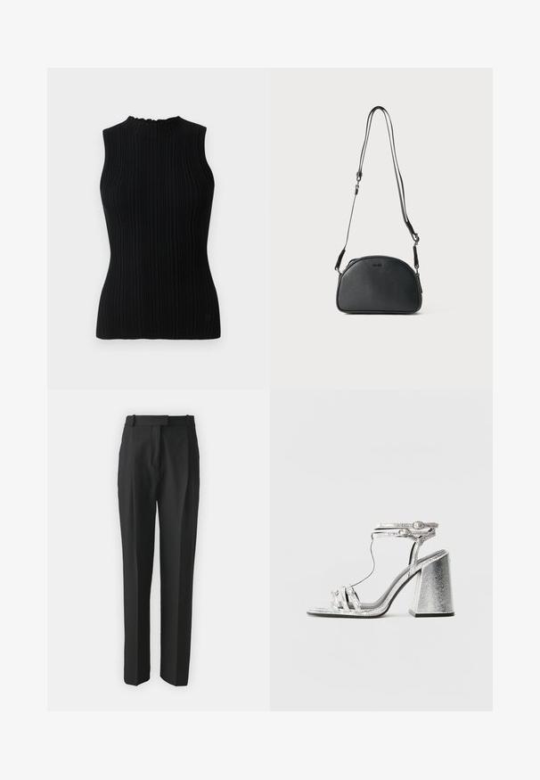 Mustikult käisteta kootud topp ribakujulise tekstuuriga ja kõrge kaelusega. Omab sobivat siluetti ja minimalistlikku disaini.; Mustad kohandatud mustad püksid kergest kangast, sirge lõikega, lamedate esiosadega ja vöökohaga. Sile tekstuur ilma nähtavate mustriteta.; Hallidega hõbedased sandaalid, millel on plokknööp, õhukeste rihmadega ja pahkluu klambriga. Materjalil on metallik viimistlus ja tekstureeritud välimus.; Must musta ristkõhu kott ümmarguse kujuga, kahe reguleeritava rihmaga ja diskreetse logoga ees. Tekstureeritud välimus, minimalistlik disain.