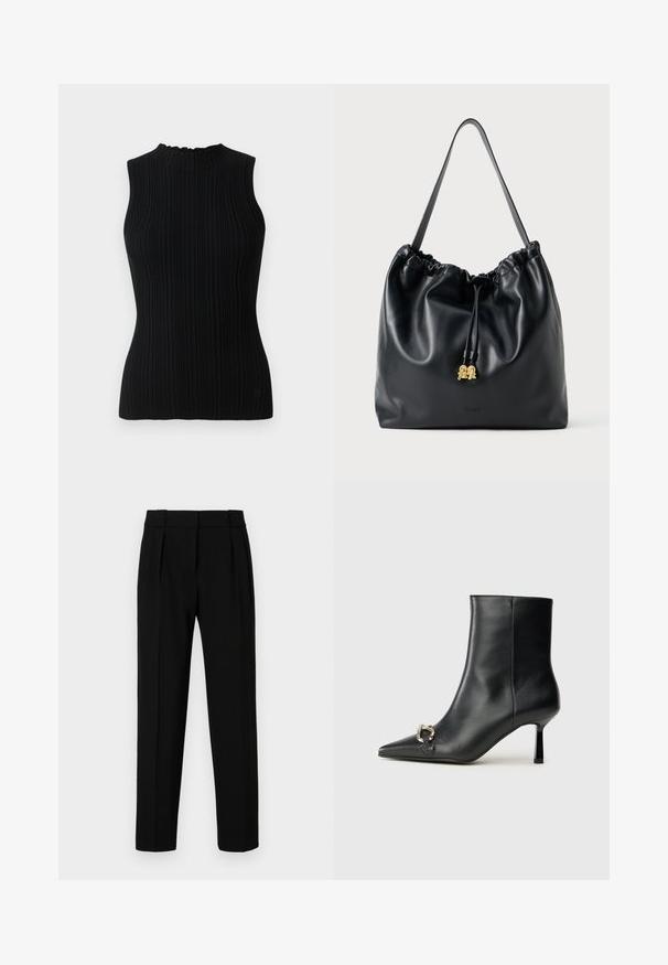 Svart ärmlös stickad topp med ribbad textur och hög hals. Har en åtsittande silhuett och minimalistisk design.; Svarta skräddarsydda byxor med rak passform, plisserad front, polerat tyg och medelhög midja. Inga synliga fickor eller metalldetaljer.; Svart läderankelboot med spetsig tå, smal medelhög klack och silverfärgad spänndetalj på sidan mot en enfärgad bakgrund.; Svart läderdragstringväska med en slät yta, samlad topp och subtila guldfärger. Har ett enda robust handtag och präglad logotyp.