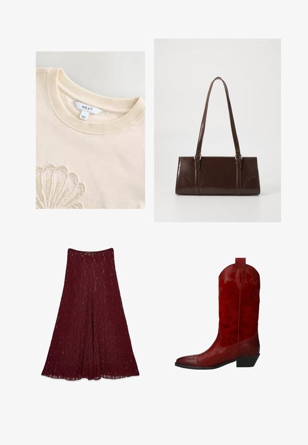 Cream-colored cotton sweatshirt with a ribbed crew neck and intricate beadwork forming a shell pattern on the front. Brand label visible.; Long burgundy lace skirt with an A-line silhouette and semi-transparent floral pattern.; Red cowboy boot featuring a combination of smooth leather and textured suede, with decorative stitching and a low heel.; Brown patent leather handbag with a rectangular shape, two long handles, and subtle curved accents on the front.