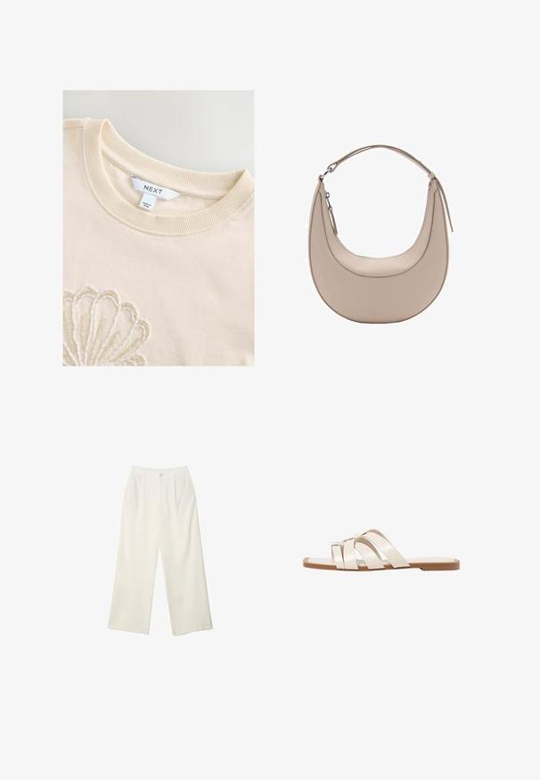 Sweatshirt od pamučne tkanine krem boje s rebrastim okruglim izrezom i složenim perlicama koje formiraju uzorak školjke na prednjem dijelu. Vidljiva oznaka brenda.; Hlače širokih nogavica od kremaste tkanine s glatkom teksturom, s jednim prednjim gumbom, suptilnim plitvicama i visokim strukom.; Ravne sandale s smeškom od gume, dizajnirane s tri preklapajuće bele kožne trake i malim detaljem mašne u sredini.; Bež kožna torba za rame u obliku polumjeseca, glatke teksture i s jednim zakrivljenim ručkom. Sadrži zatvor na zip i uredno šivenje.