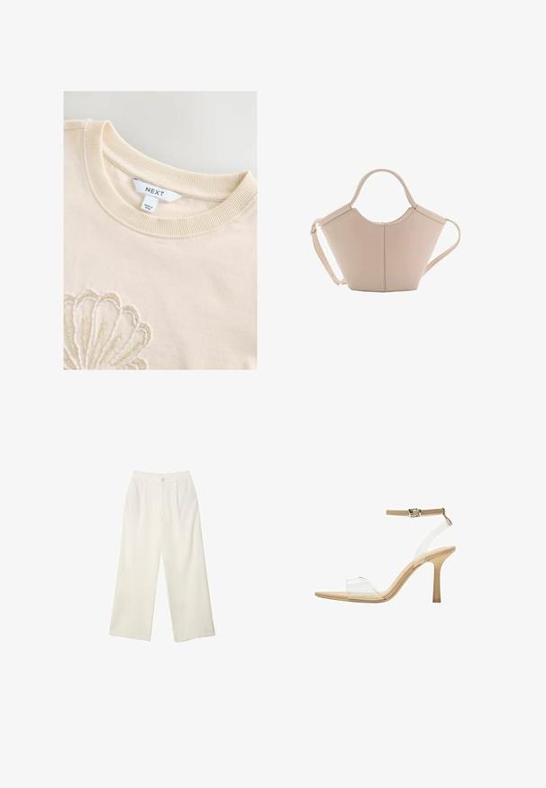 Cream-colored cotton sweatshirt with a ribbed crew neck and intricate beadwork forming a shell pattern on the front. Brand label visible.; Wide-leg trousers in cream fabric with a smooth texture, featuring a single front button, subtle pleats, and a high waist design.; Clear heeled sandal with a transparent upper, beige footbed, and a slender ankle strap. Features a pointed toe and a thin high heel.; Beige leather handbag with a unique shape, featuring two short handles and a long adjustable strap. Smooth texture with minimal hardware.