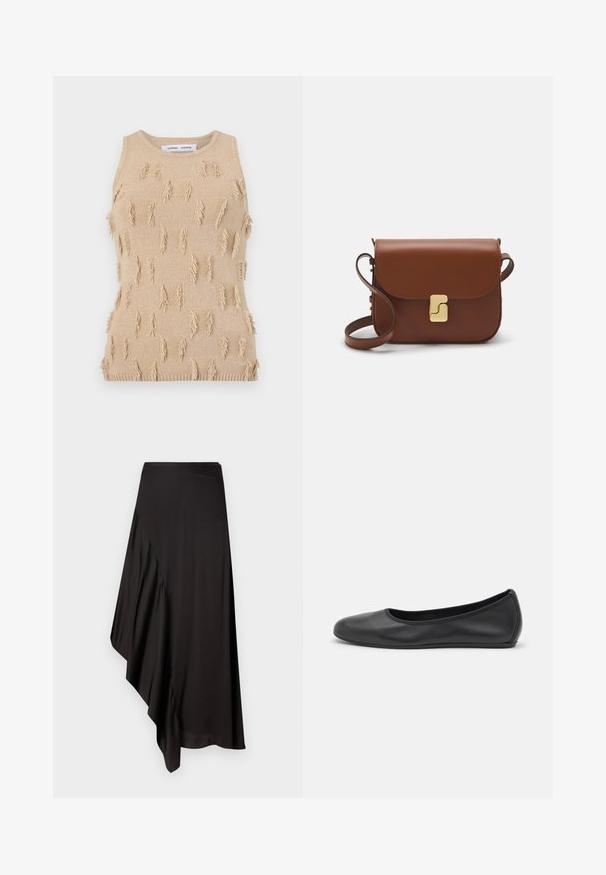 Beige kudumisega ilma varrukateta topp, millel on tekstuuriga disain, mis sisaldab ulatuvaid fringe aktsente, soonitud kaelust ja alumist äärt.; AERON ASTER SKIRT - Pliiatsseelik - black; Musthave mustika tantsutossud mustast nahast, ümmarguse varbaga, siledast tekstuurist, minimaalse õmblusdetailiga ja paindliku tallakujundusega.; Pruunist nahast käekott, millel on klapiga sulgur, kuldne riistvara, õlarihm ja sile tekstuur. Kompaktne ristkülikukujuline vorm.