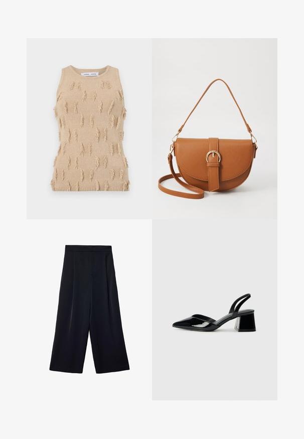 Bež prsni brezrokavnik z teksturiranim dizajnom in izstopajočimi resicami, rebrastim izrezom in spodnjim robom.; Široke črne hlače iz lahkotnega materiala. Imajo nabran sprednji del, visok pas in ohlapen kroj okoli nog.; Črne lakirane slingback pete s koničastim nosom in geometrijsko blokasto peto. Imajo eleganten, minimalističen dizajn in gladko teksturo.; Rjava usnjena torbica prek telesa s ukrivljeno obliko, zlate opreme in sponko. Ima odstranljiv naramni trak.