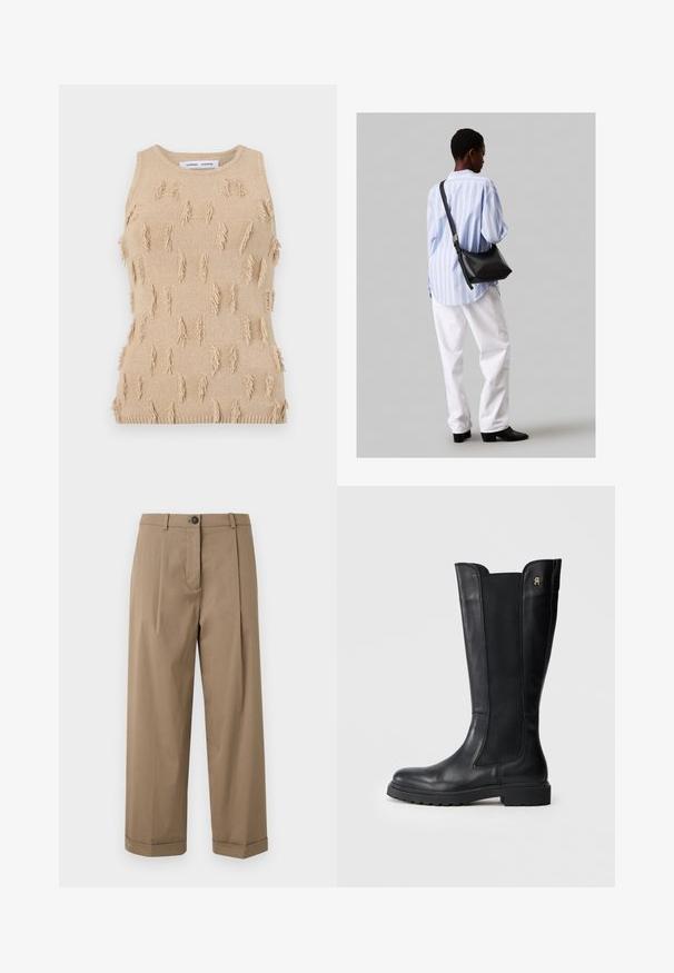 Beige kudumisega ilma varrukateta topp, millel on tekstuuriga disain, mis sisaldab ulatuvaid fringe aktsente, soonitud kaelust ja alumist äärt.; Pruni, laiad püksid, millel on lame eesmine osa koos voldikutega, nööpkinnitus ja pööratud äärised, valmistatud siledast kangast.; Sääre kõrgusele must nahkne saabas elastsete külgdetailidega, ümar varvas, paks tald ja väike logoaksent välisküljel.; Must have mustras alasi nahkpatsi, pehme tekstuuriga, kolmnurkse kujuga ja reguleeritava rihmaga, koos helesinise triibulise särgi ja valgete pükstega.