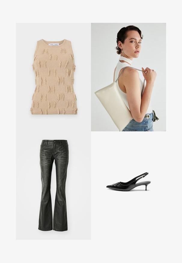 Top bej din tricot, fără mâneci, cu un design texturat care prezintă accente cu franjuri proeminente, guler rib exclusiv și marginea inferioară.; Jeans din piele ecologică negri, cu buzunare frontale, închidere cu buton metalic și o suprafață ușor texturată. Croială dreaptă cu tăiere lungă.; Cizme slingback din piele neagră, cu vârf ascuțit, toc mic de tip kitten heel și un detaliu decorativ sub formă de nod în față. Textură netedă pe întreaga suprafață.; Geantă de clutch rectangulară albă, realizată dintr-un material lucios, având o curea de lanț argintie. Modelul pozează, evidențiind geanta pe un fundal simplu.