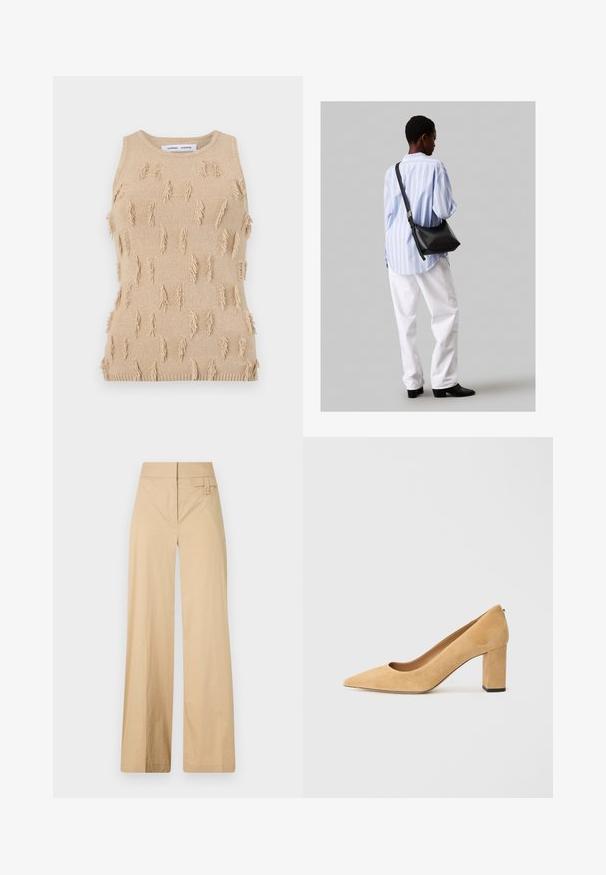 Beige kudumisega ilma varrukateta topp, millel on tekstuuriga disain, mis sisaldab ulatuvaid fringe aktsente, soonitud kaelust ja alumist äärt.; Beige laiad sääred püksid, mis on valmistatud puuvilla segakangast. Omavad siledat tekstuuri, elastset vöökohta ja külgmist nööbiga detaili.; Beežist nubukist kõrge kontsaga kingad, millel on terav nina ja massiivne plokkkonts. Materjal on pehme tekstuuriga ja sileda pinnaga.; Must have mustras alasi nahkpatsi, pehme tekstuuriga, kolmnurkse kujuga ja reguleeritava rihmaga, koos helesinise triibulise särgi ja valgete pükstega.