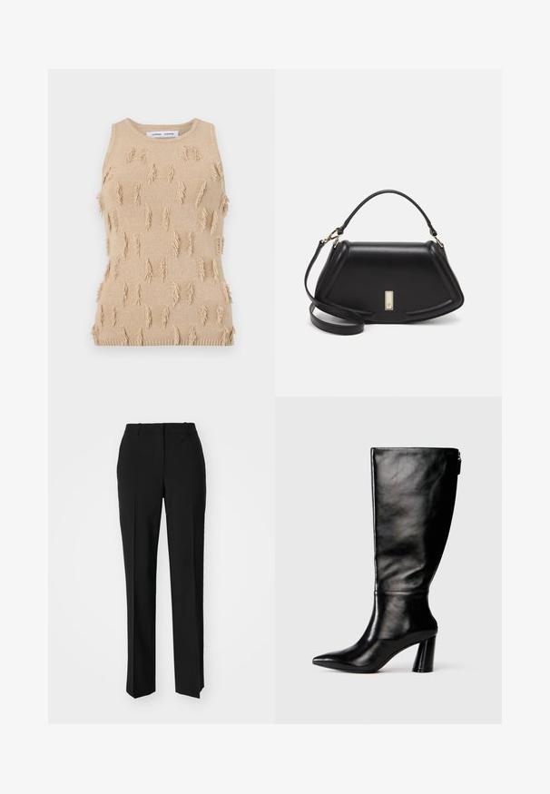 Beige gebreide mouwloze top met een textuurdesign en uitstekende franjes, geribbelde halslijn en onderzoom.; Zwarte op maat gemaakte broek met een recht model, voorzien van een soepele textuur en scherpe plooien aan de voorkant. Geen zichtbare hardware.; Zwart leren laars tot de knie met een puntige neus, gladde textuur en een chunky hak. Bevat een ritsdetail aan de achterkant.; Zwarte leren handtas met een gestructureerd ontwerp, featuring een verkorte vorm, bovenhandvat en gouden hardwareaccent. Inclusief verstelbare schouderband.