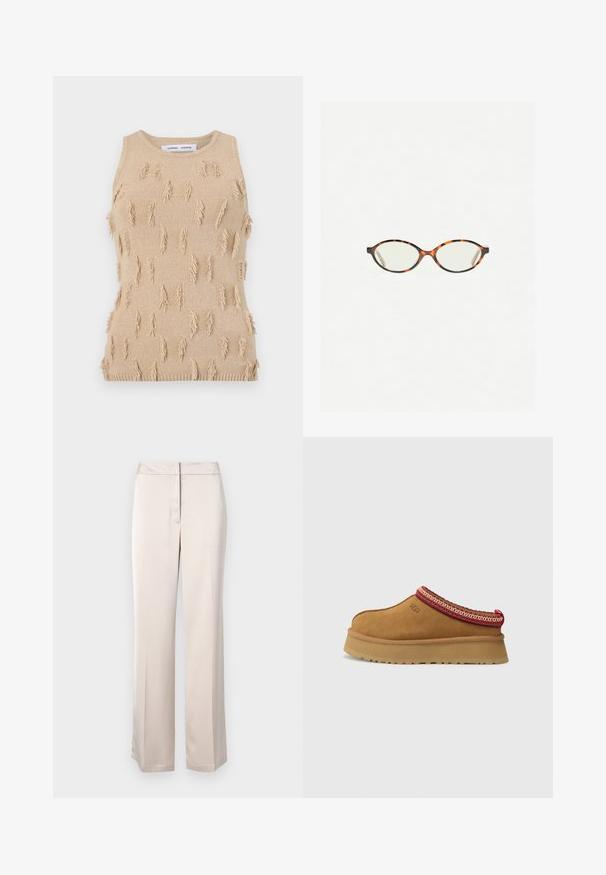 Vaalean beige neuleliivi, jossa on tekstuurinen muotoilu, ulkonevat fringet, ribattu kaulus ja alahelma.; Beige leveled trousers, valmistettu sileästä kankaasta, jossa on siisti siluetti, suoralla etuosalla ja huomaamattomalla vyötärön suljettavalla.; Ruskosuede-lenkkari, jossa on punavalkoinen kuvioitu reunus, teksturoidun pohjan ja UGG-logo sivussa. Sisältää kevyen korotuksen.; Kilpikonnakuosiset silmälasit, joissa on soikeat linssit ja tyylikäs, sileä pinta. Ominaisuudet: ohuet sivut, joissa on hienovarainen kaari temppeleissä. Kirkkaat linssit.; Musta nahkakotelo, jossa on teksturoitu pinta, ketjuhihna ja niittikoristelu alaosassa. Suorakulmainen muoto, jossa on vetoketjullinen lokero.