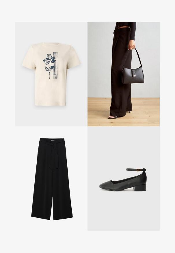 Bežinė medvilnės marškinėliai su tamsiai mėlynų gėlių grafiniu dizainu ir vertikaliu dryžiu kairėje pusėje. Trumpomis rankovėmis ir apvaliu kaklu.; Juoda plačių kojų kelnės, pagamintos iš tekstūruoto audinio, su elastingu juosmeniu ir atsegamu diržu juosmenyje, leidžiančiu reguliuoti dydį.; Juodas odinis aukštakulnis batelis su smailiu pirštu ir žemu bloku. Su kulkšnies dirželiu su auksinės spalvos sagtimi. Lygus paviršius.; Juodas rankinė struktūrizuota forma, lygi tekstūra ir metalinis užsegimas. Suporuota su plačiomis juodomis kelnėmis ir atvirais bateliais ant medinių grindų.