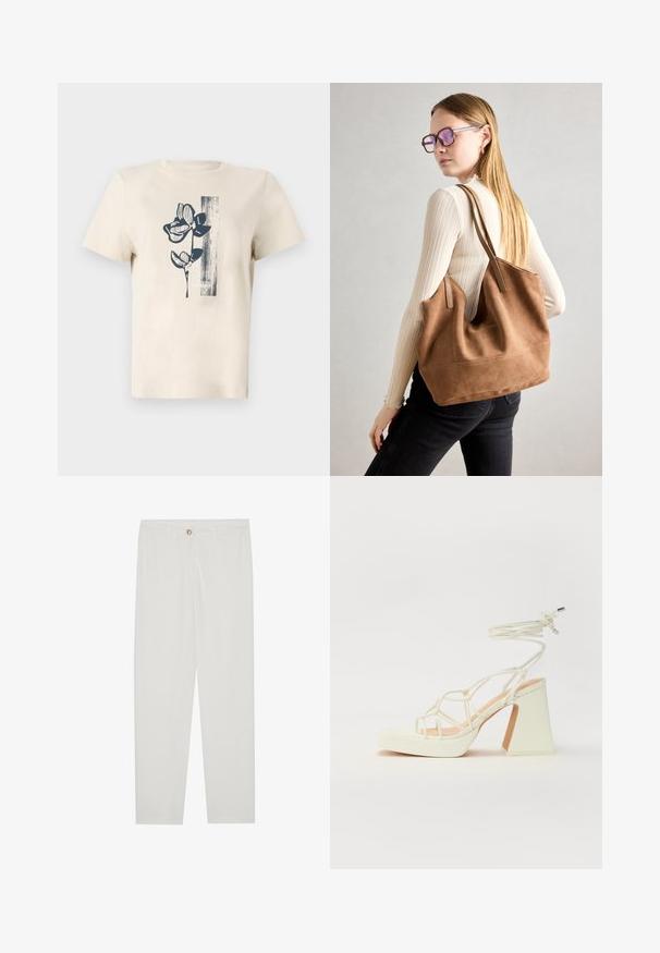 Beige bomull T-skjorte med et marineblått blomsterdesign og vertikalstripete detalj på venstre side. Korte ermer og rund hals.; Hvite, skreddersydde bukser med rette ben, med knapplukking, beltehemper og sidelommer; glatt tekstur.; Hvit høyhælte sandal med kraftig hæl, med en stroppe-design og ankelbånd. Glatt tekstur med plattform foran for ekstra høyde.; Brun semsketotebag med myk tekstur, stor åpning og lange stropper. Har et enkelt design med synlig søm og uten maskinvare.